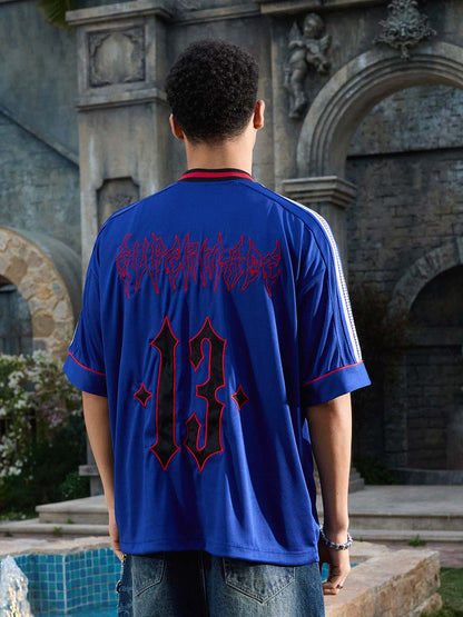 Supermade Color-Blocked V-Neck Embroidered Jersey Short-Sleeved?