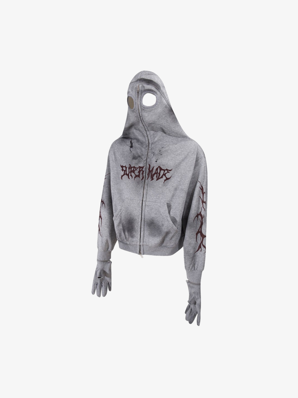 Cotton Blend Hooded Zip-Up Costume Jacket with Eye Holes and Gloves, Gothic Horror Style Full Coverage Hoodie for Cosplay and Halloween 