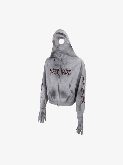 Cotton Blend Hooded Zip-Up Costume Jacket with Eye Holes and Gloves, Gothic Horror Style Full Coverage Hoodie for Cosplay and Halloween 