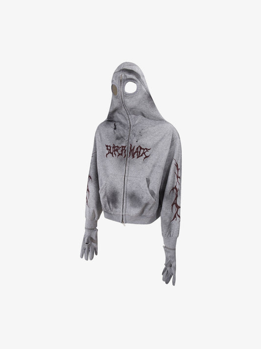 Cotton Blend Hooded Zip-Up Costume Jacket with Eye Holes and Gloves, Gothic Horror Style Full Coverage Hoodie for Cosplay and Halloween 