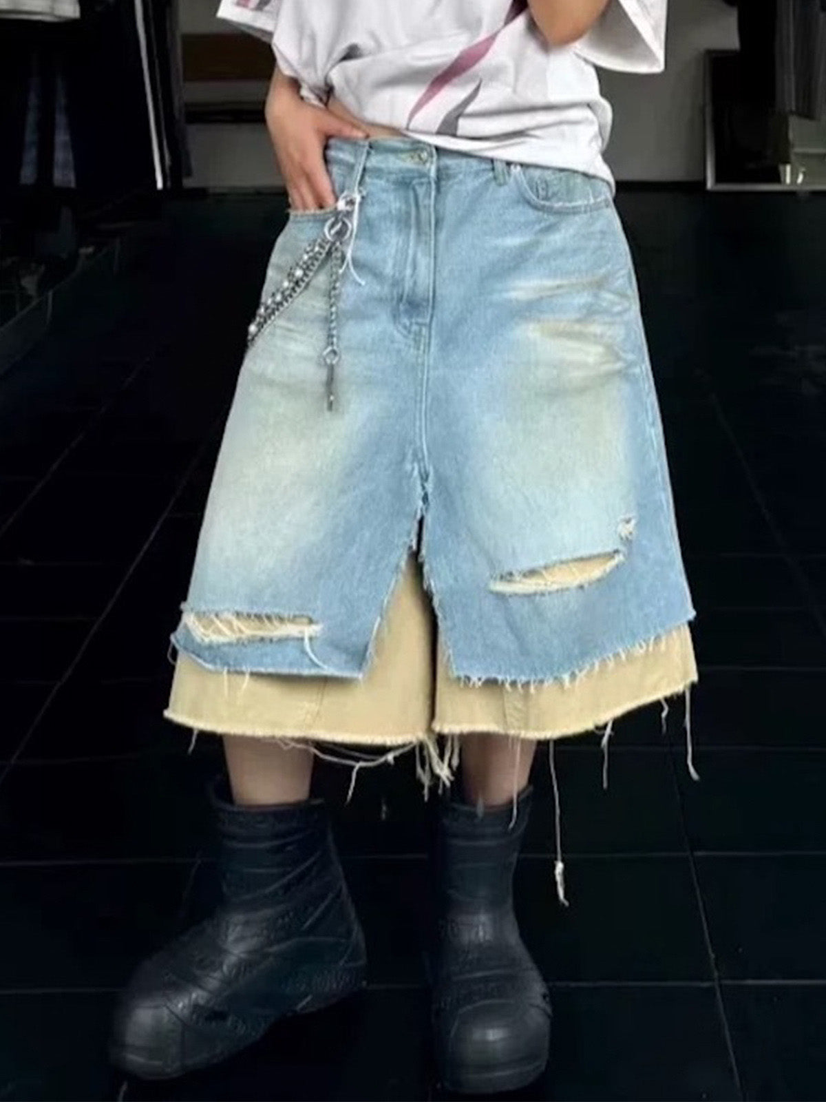 Cotton Denim Layered Ripped Shorts with Beige Underlayer for Men and Women, Fashionable Streetwear Style?