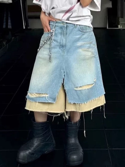 Cotton Denim Layered Ripped Shorts with Beige Underlayer for Men and Women, Fashionable Streetwear Style?