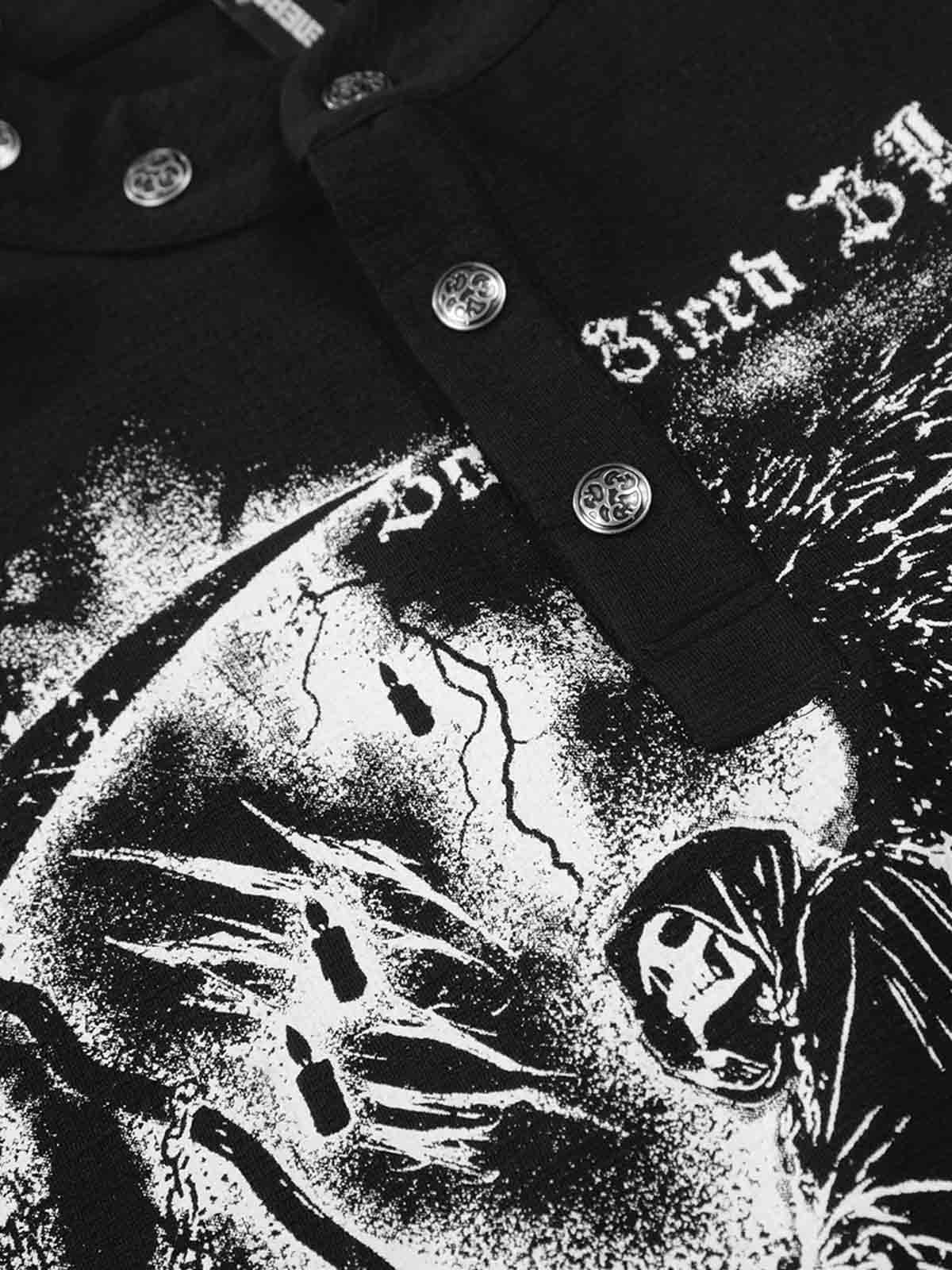 Cotton Long Sleeve Henley Shirt with Gothic Reaper Print Dark Black Graphic Sweatshirt for Men?