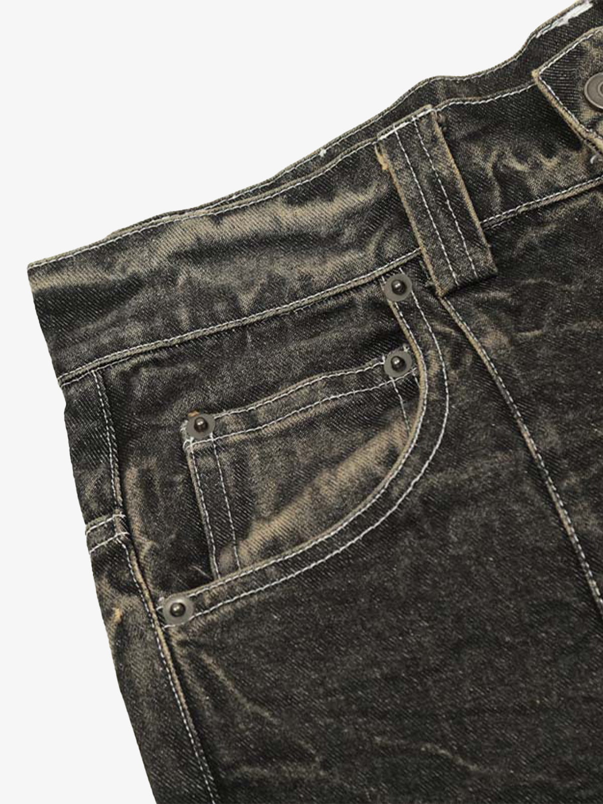 Washed Black Denim Wide Leg Jeans with Distressed Texture for Men 