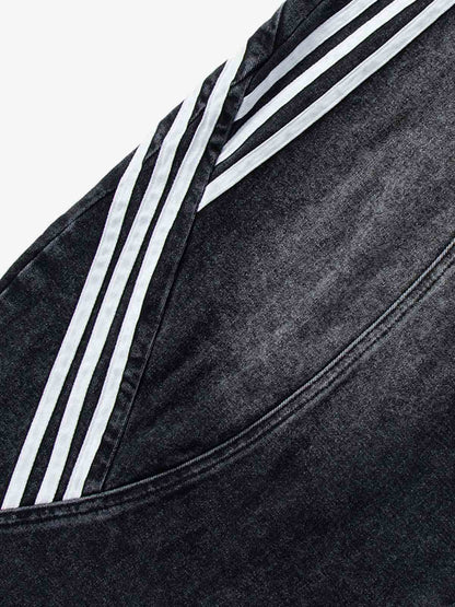 Denim Wide Leg Cropped Pants with White Stripe Design High Waist Fashion Trousers for Women 