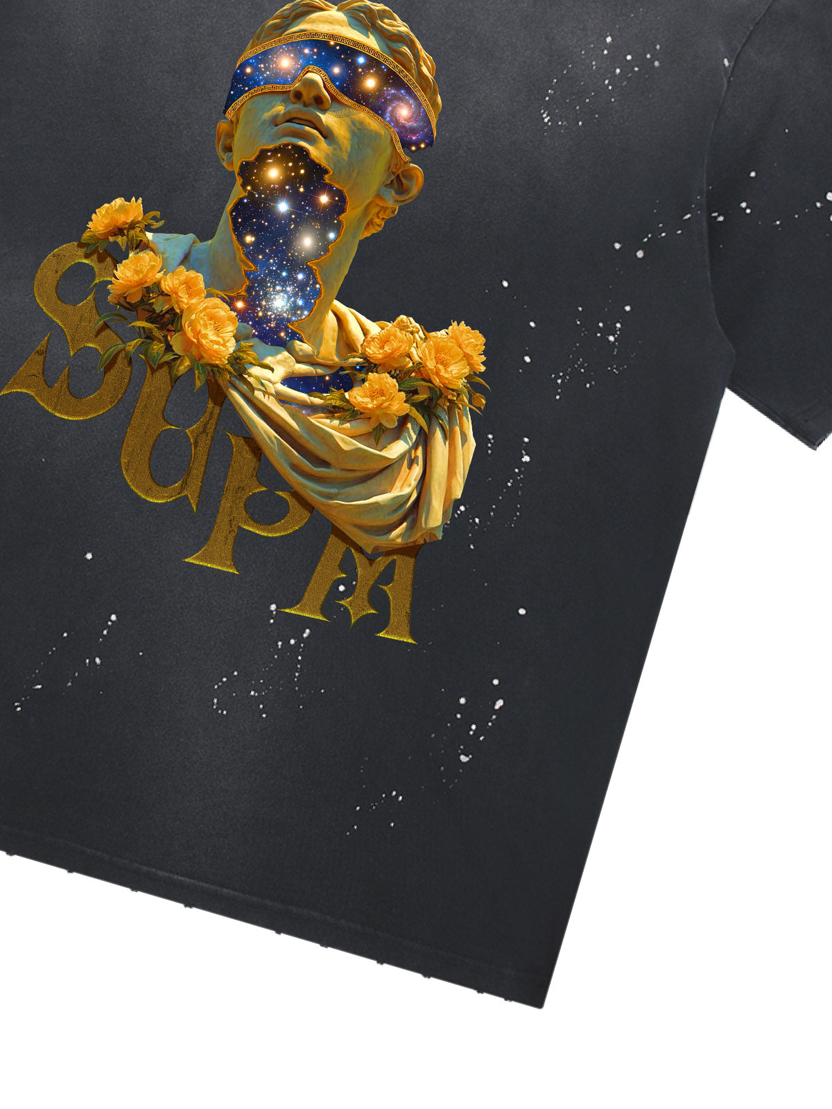 THE SUPERMADE-Wash and splash ink Galaxy Art Print T-Shirt with Cosmic Statue Design for Men and Women?