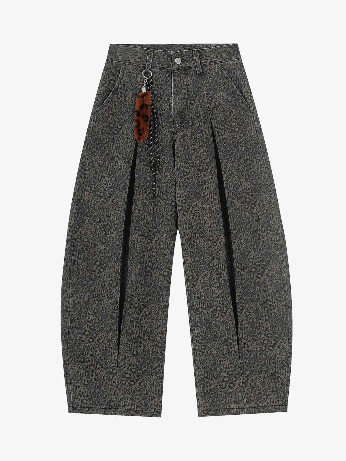 Cotton Leopard Print High-Waisted Wide-Leg Pants with Pleated Design and Decorative Tassel 