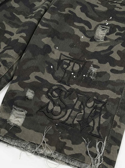 Distressed Camouflage Denim Cargo Shorts with Ripped Details and Embroidered Logo?