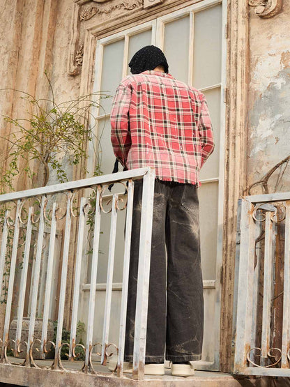 Cotton Plaid Shirt with Paint Splatter Design, Distressed Hem and Pockets, Casual Men's Long Sleeve Button-Up Jacket 