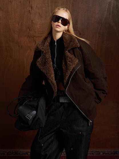 Thesupermade Oblique Zipper Design Lambswool Collar Quilted Jacket 