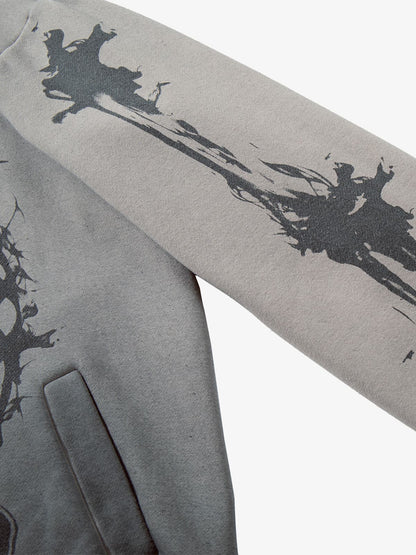 Street Washed Distressed Dark Skeletons Print Hoodie 