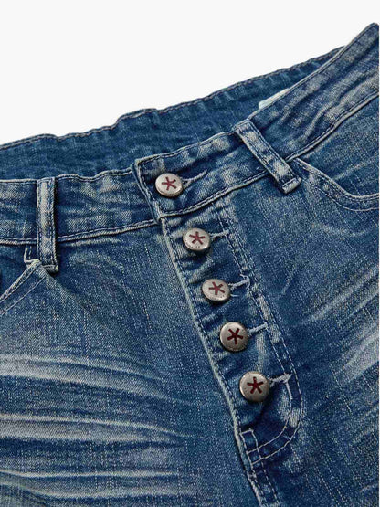 Black Denim Flared Jeans with Button Front High Waist Design?