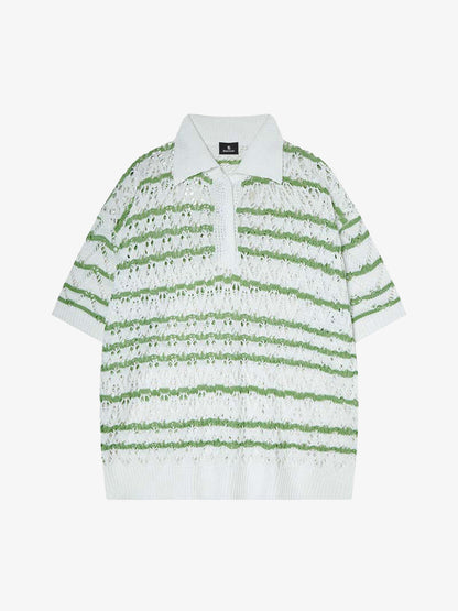 Knitted Cotton Blend Striped Polo Shirt with Openwork Pattern 