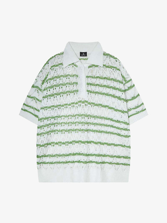 Knitted Cotton Blend Striped Polo Shirt with Openwork Pattern 
