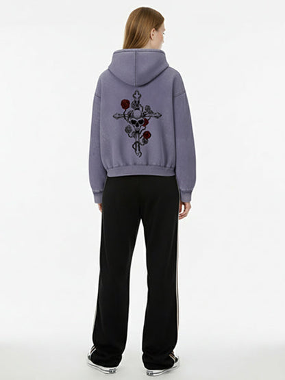 Thesupermade Washed Batik Double Zipper Cardigan Hooded Sweatshirt Rose Wrapped Skull Cross 