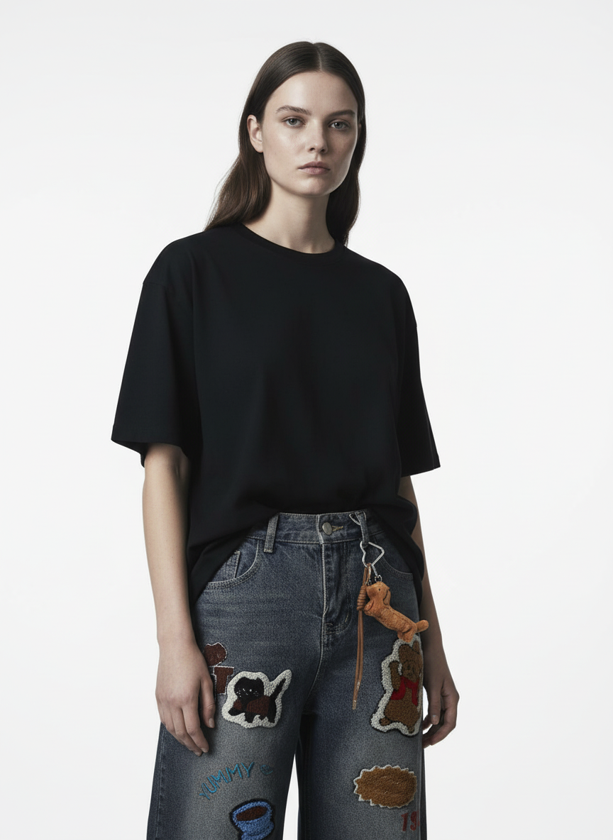 Retro Cartoon Graphic Heavy Embroidery Barrel Jeans