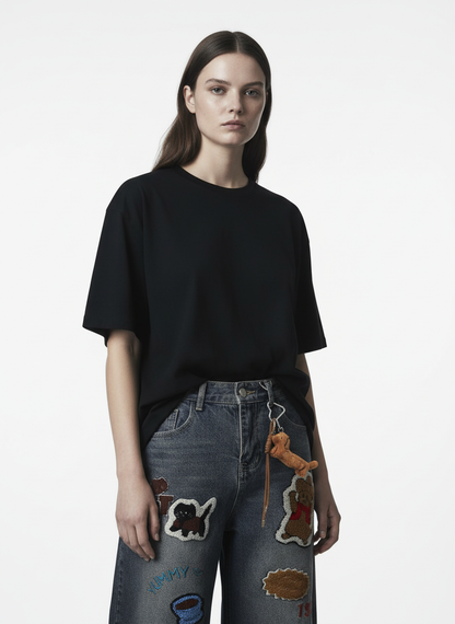 Retro Cartoon Graphic Heavy Embroidery Barrel Jeans