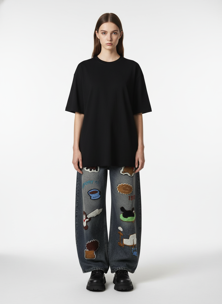 Retro Cartoon Graphic Heavy Embroidery Barrel Jeans