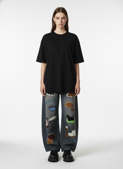 Retro Cartoon Graphic Heavy Embroidery Barrel Jeans