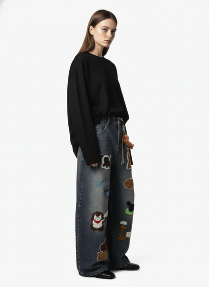 Retro Cartoon Graphic Heavy Embroidery Barrel Jeans
