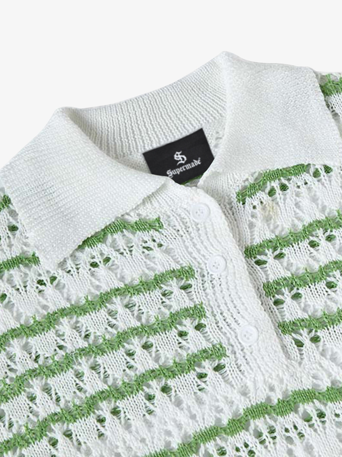 Knitted Cotton Blend Striped Polo Shirt with Openwork Pattern 