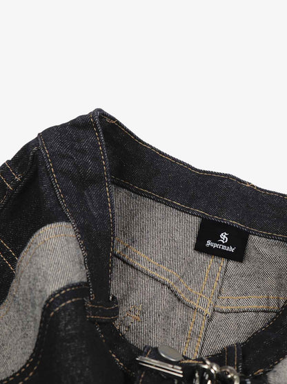 Denim Patchwork Wide Leg Pants with Leopard Star Charm and Side Pockets 