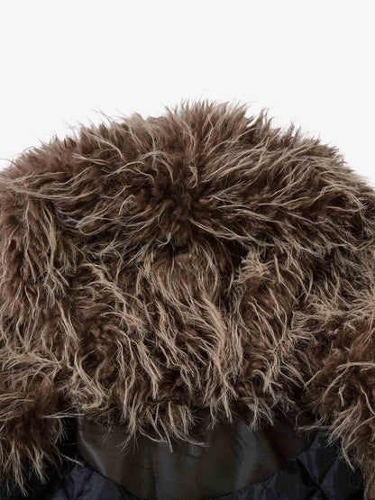 Vintage Faux Fur Hood Lined PU Zip Up Bomber Jacket 