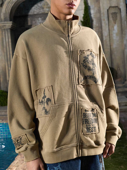 Cotton Blend Patchwork Bomber Jacket with Graphic Embroidery and Zipper Closure?