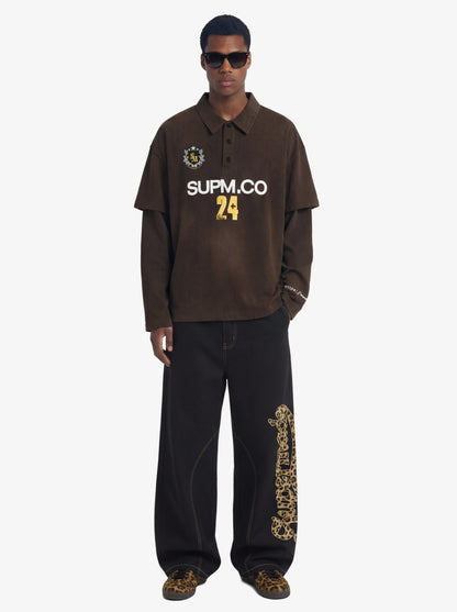 Distressed spray washed cotton fake two-piece loose long-sleeved T-shirt with embroidered badge logo and offset print design?