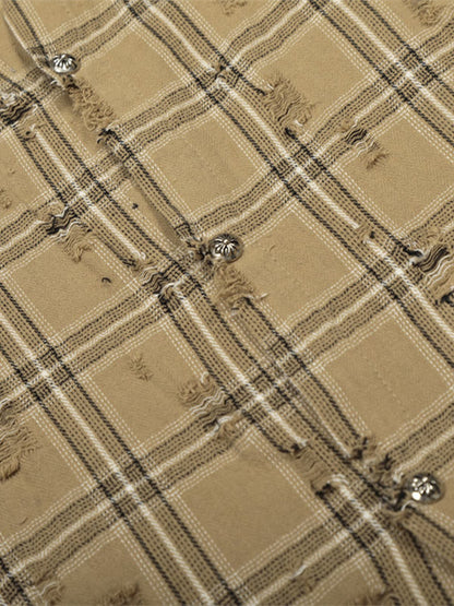 Ripped Plaid Cotton Long Sleeve Shirt for Men - Distressed Checkered Button-Up Casual overshirt?