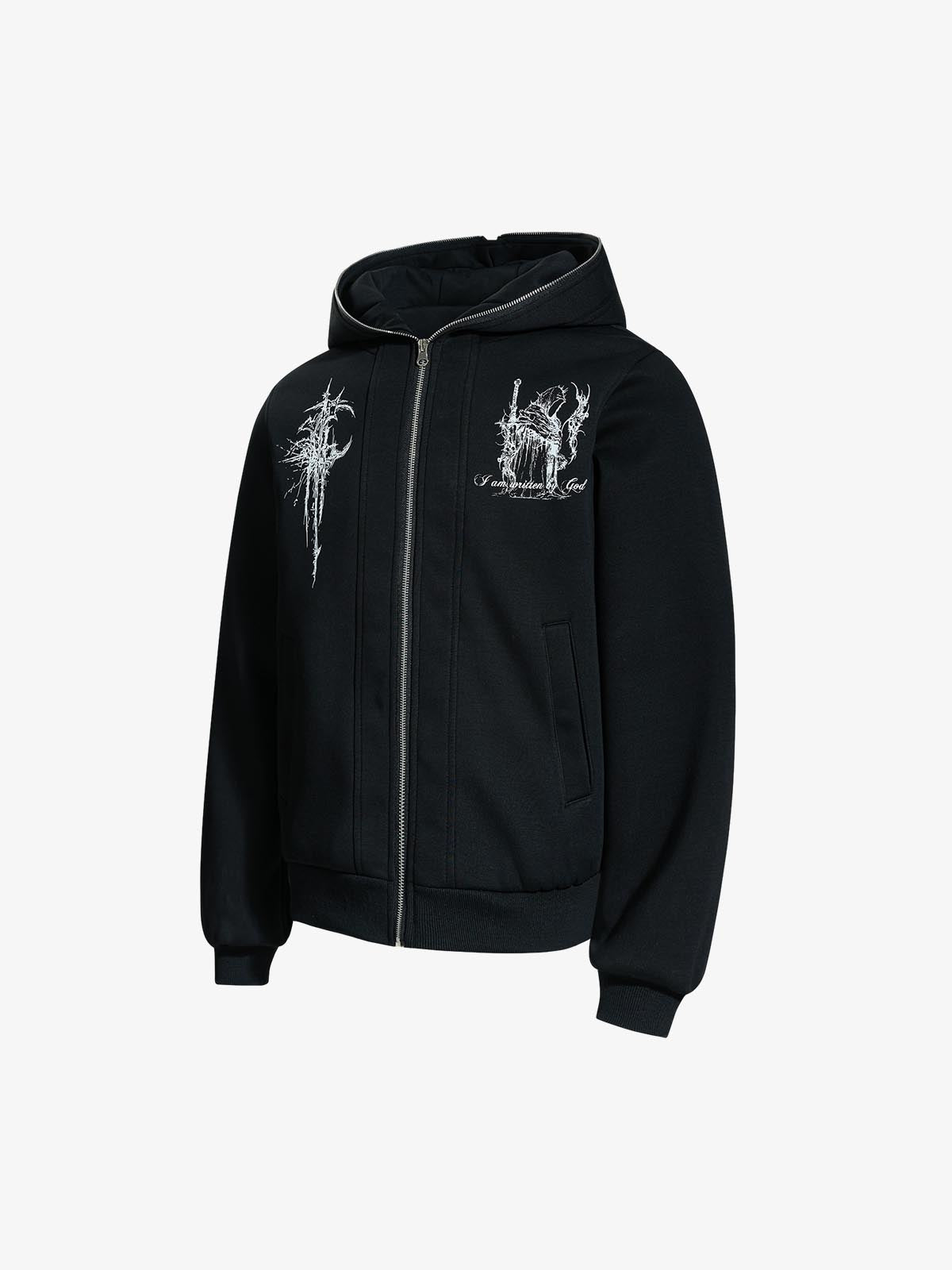 Stylish Hooded Zip-Up Jacket with Unique Graphic Design 