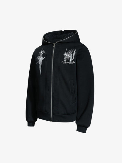 Stylish Hooded Zip-Up Jacket with Unique Graphic Design 