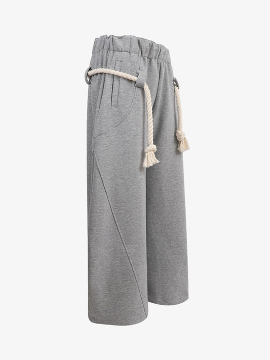 Cotton Blend Wide Leg Drawstring Pants for Women - Comfortable High Waist Casual Culottes with Rope Tassel Detail 