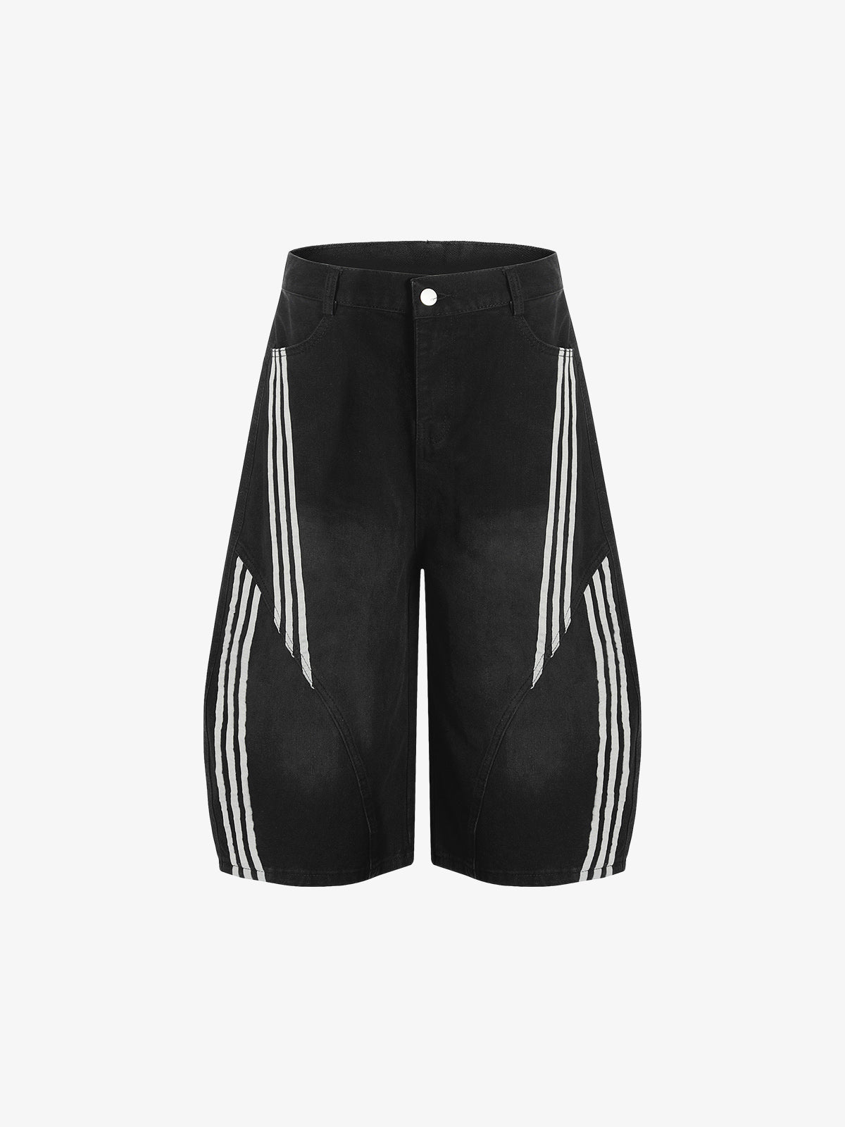 Denim Wide-Leg Biker Shorts with Striped Panel Design?