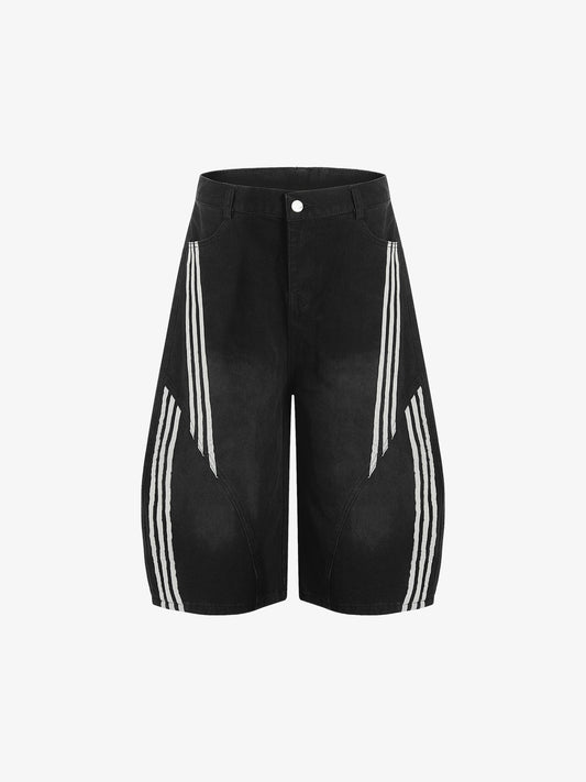 Denim Wide-Leg Biker Shorts with Striped Panel Design?