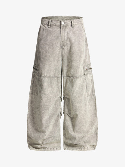 Vintage Acid-Washed Multi-Pocket Wide-Leg Cargo Barrel Jeans