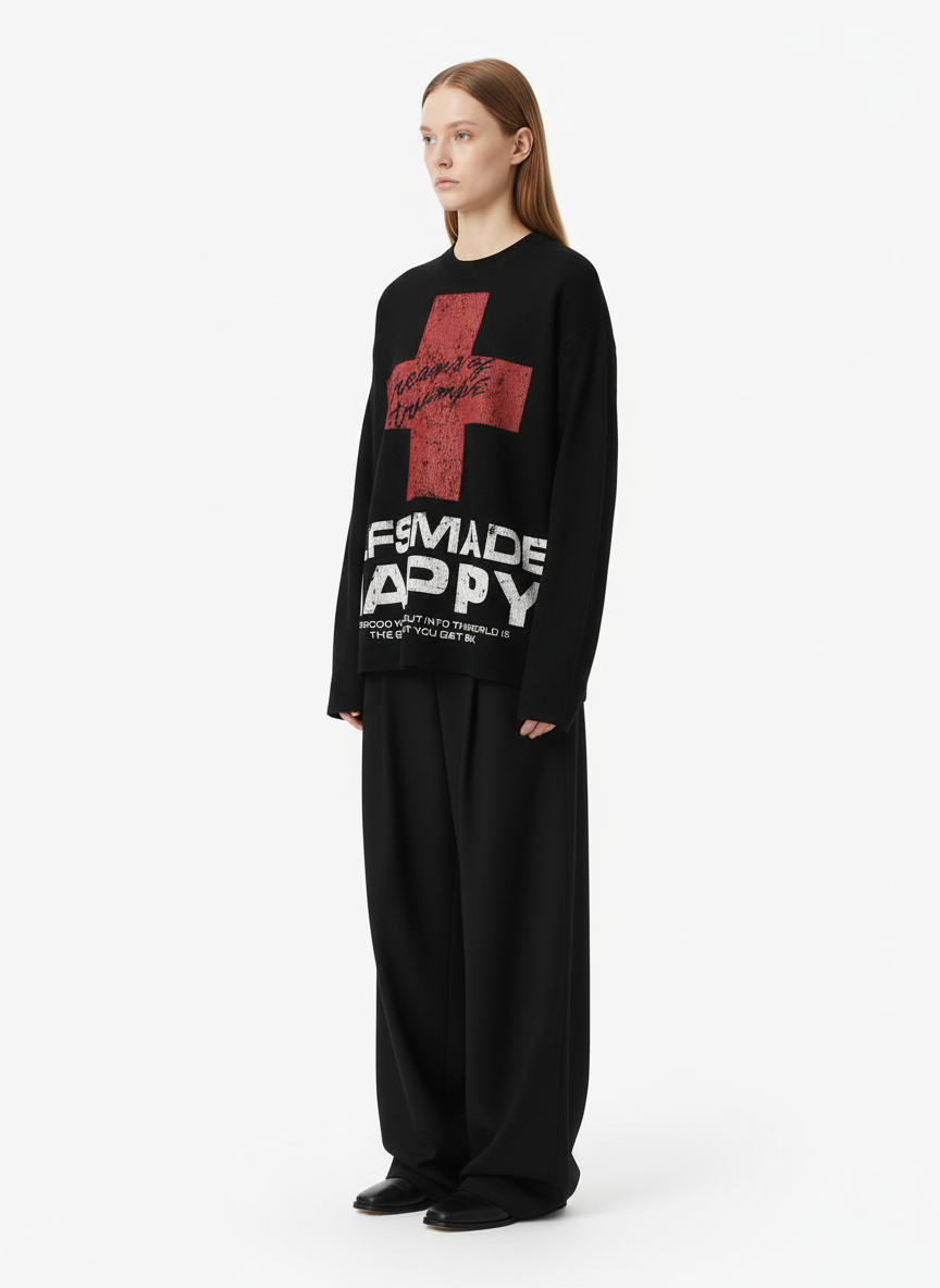 Street Cross Lettering Print Long-Sleeved T-Shirt