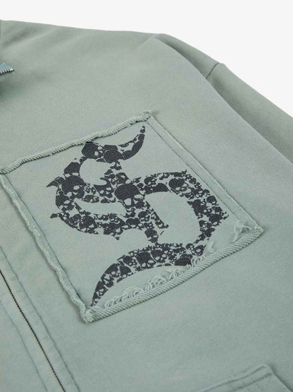 Cotton Blend Patchwork Bomber Jacket with Graphic Embroidery and Zipper Closure?