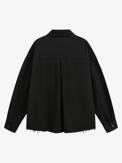 Stylish White Button-Up Shirt with Unique Patch Design for Casual and Trendy Looks?