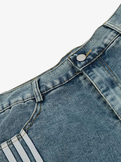 Denim Wide-Leg Biker Shorts with Striped Panel Design?