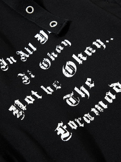 Cotton Blend Black Wide Leg Cargo Pants with Gothic Print and Metal Eyelets for Streetwear Fashion?