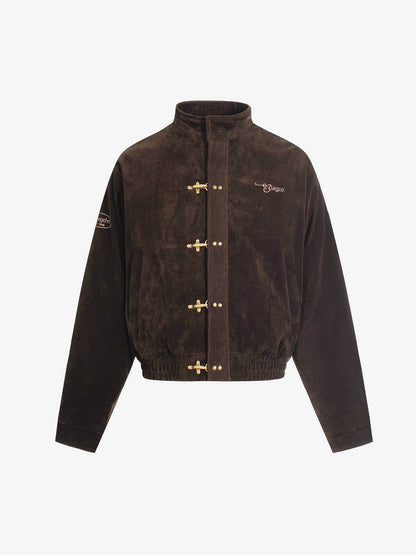 Vintage Suede Embroidered Toggle-Buckle Stand Collar Down Jacket