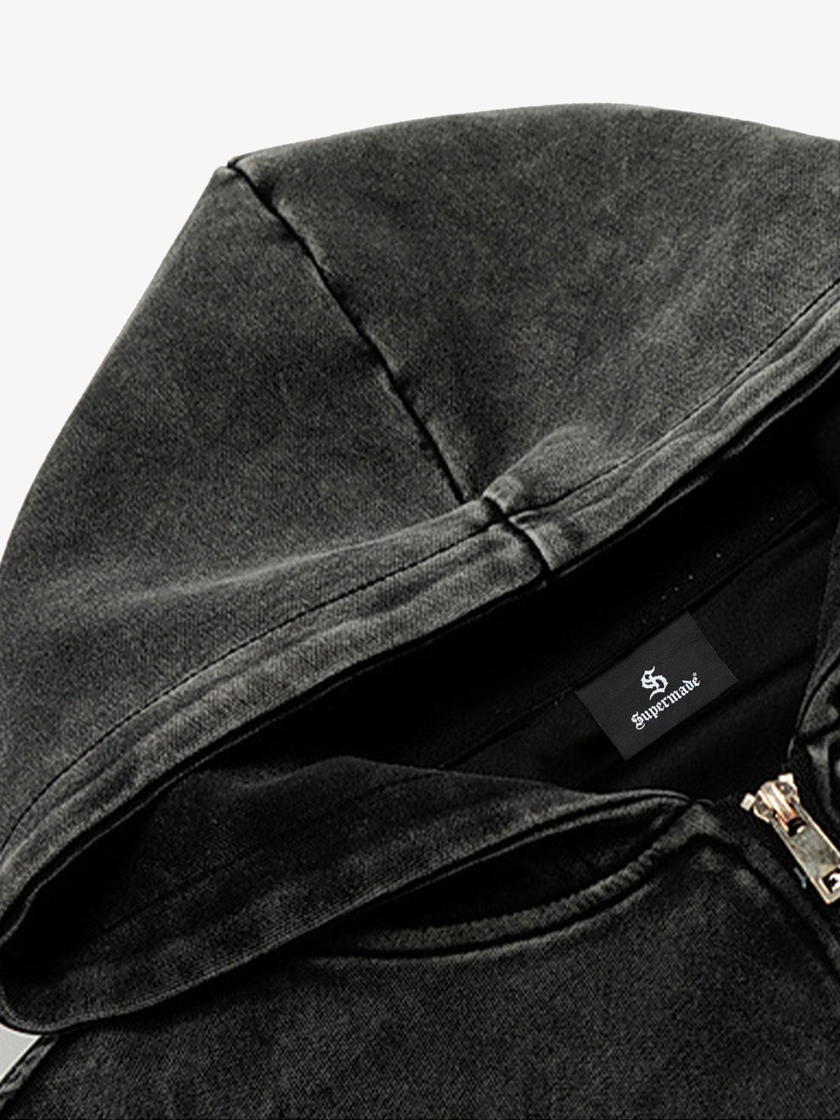 Distressed Washed Embroidered Zip-Up Hooded Jacket