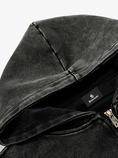 Distressed Washed Embroidered Zip-Up Hooded Jacket