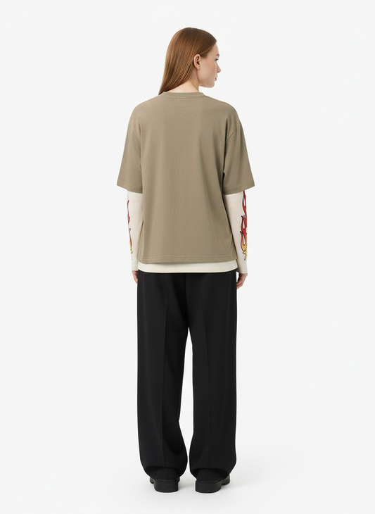 Gradient Letter Print Patchwork Faux Two-Piece Long-Sleeved T-Shirt