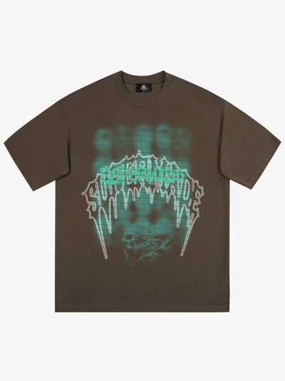 THE SUPERMADE Dark Grid Skull Graphic T-Shirt with Neon Drip Design 