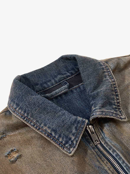 Vintage Washed Distressed Denim Zip Up Jacket