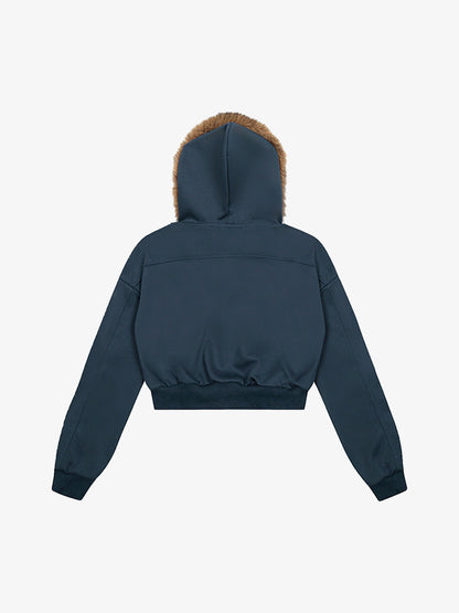 Retro Detachable Fur Collar Cropped Hooded Sweatshirt