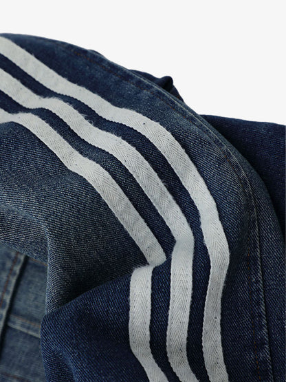 Stylish Denim Jacket with Embroidered Details and Striped Sleeves 
