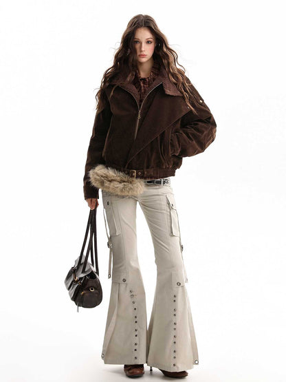 Retro Lambswool Stand Collar Asymmetrical Suede Padded Jacket